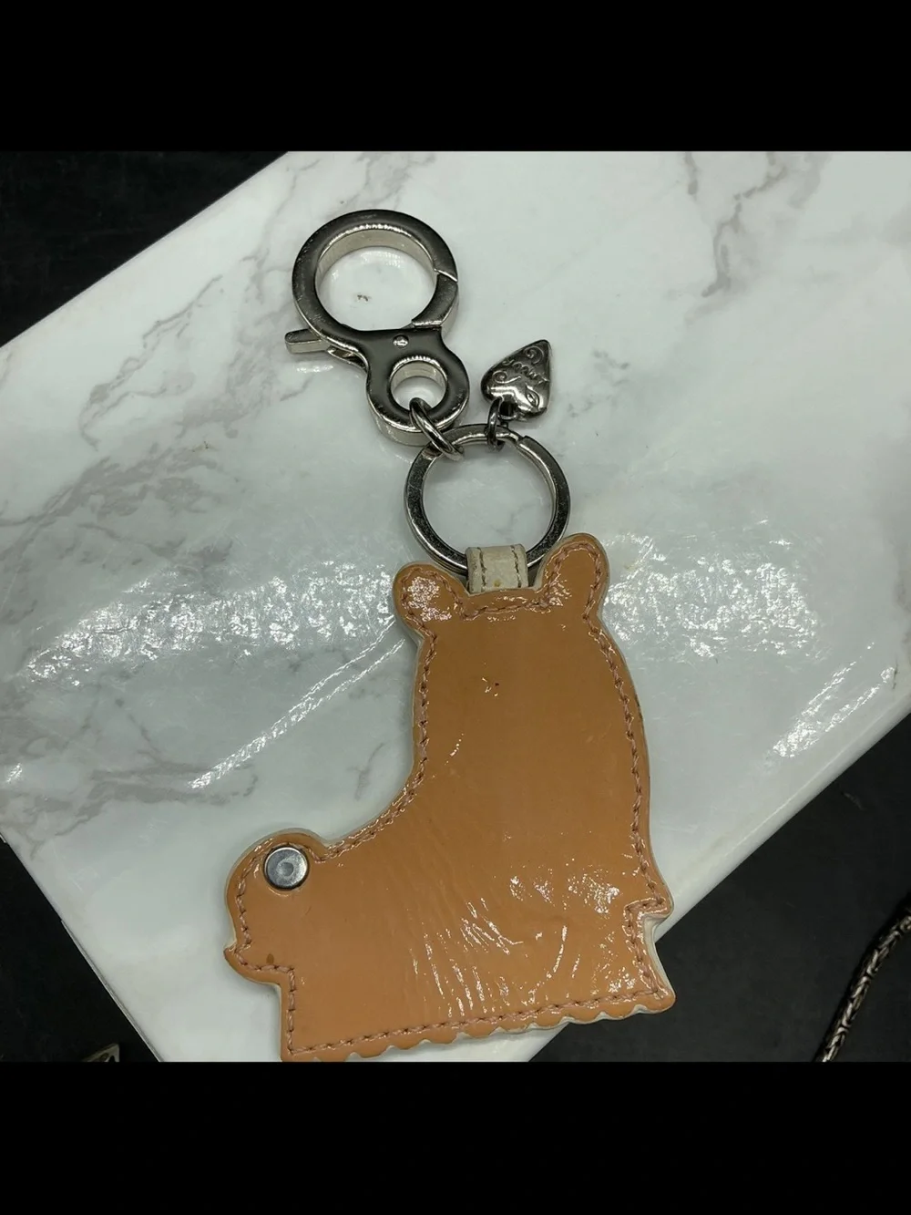 Brighton Cream Leather Dog Key Charm with Blue Bow